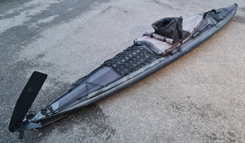 Wayland Achilli 500XL folding kayak - view from stern with rudder and spray deck fitted